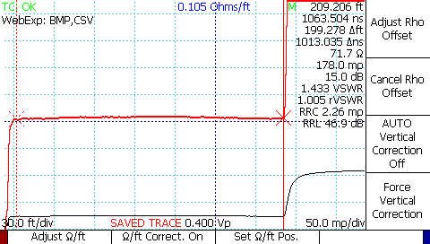 CT100 TDR resistive cable loss correction of 72 ohm RG59 coaxial cable 200 ft long after